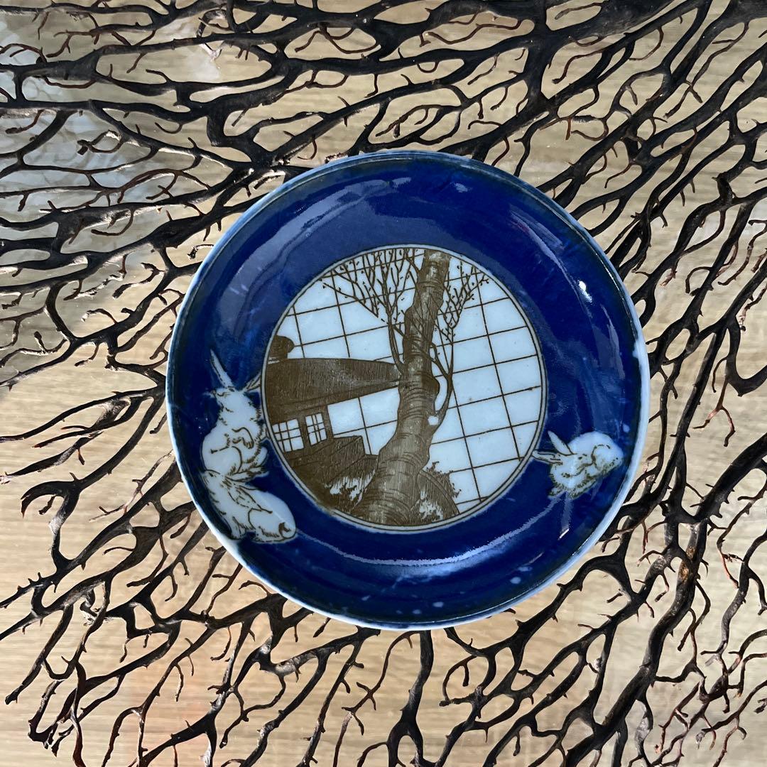 骨董　古伊万里　印判　図変わり印判　石灯籠　桜　３羽兎　円窓　小皿　手塩皿２客