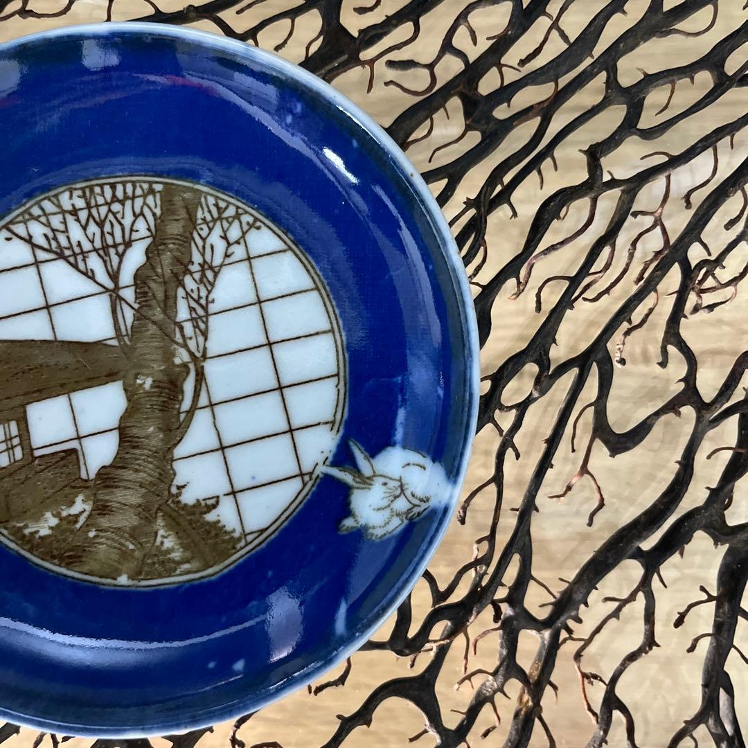 骨董　古伊万里　印判　図変わり印判　石灯籠　桜　３羽兎　円窓　小皿　手塩皿２客