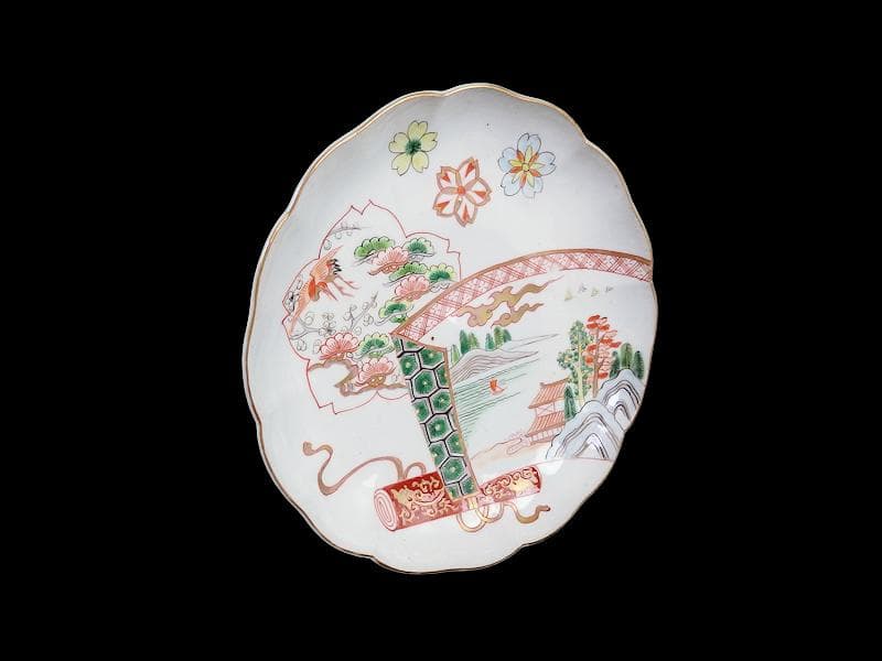 古伊万里　色絵　飛鶴に桜花紋　巻物の図　８寸皿　A571AS-fbku