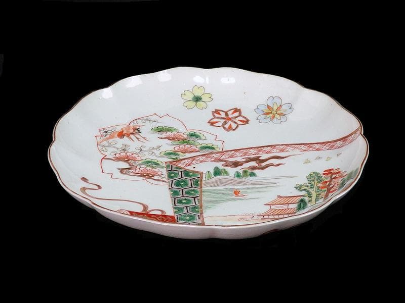 古伊万里　色絵　飛鶴に桜花紋　巻物の図　８寸皿　A571AS-fbku