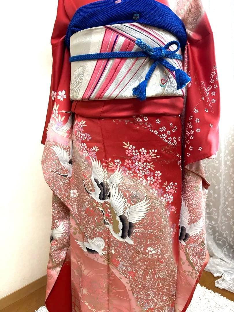 縁起の良い吉祥紋様、振袖フルセット 上品　ローズピンク　鶴　桜観世水　金コマ刺繍