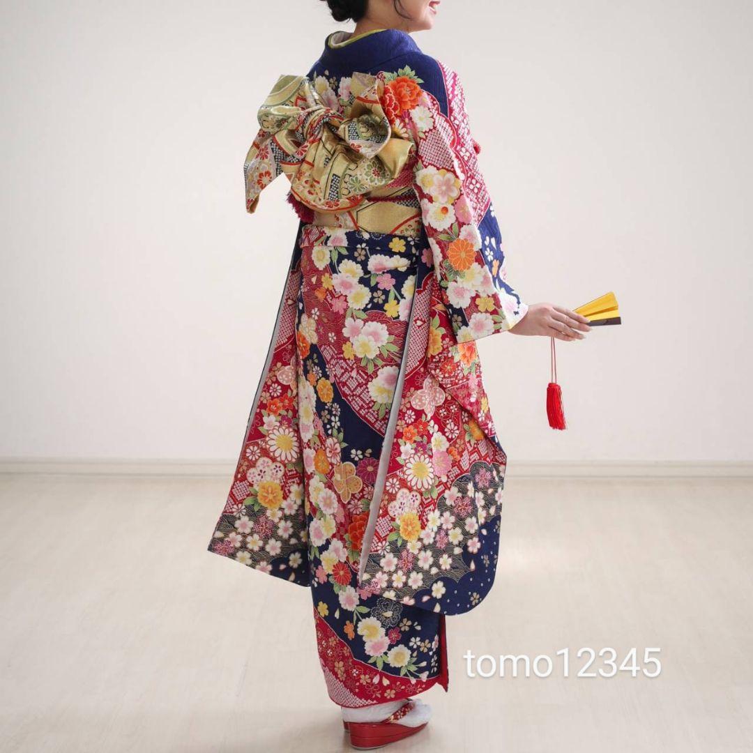 振袖フルセット　成人式前撮り卒業式　紺色桜菊牡丹鞠古典柄　振袖一式　正絹