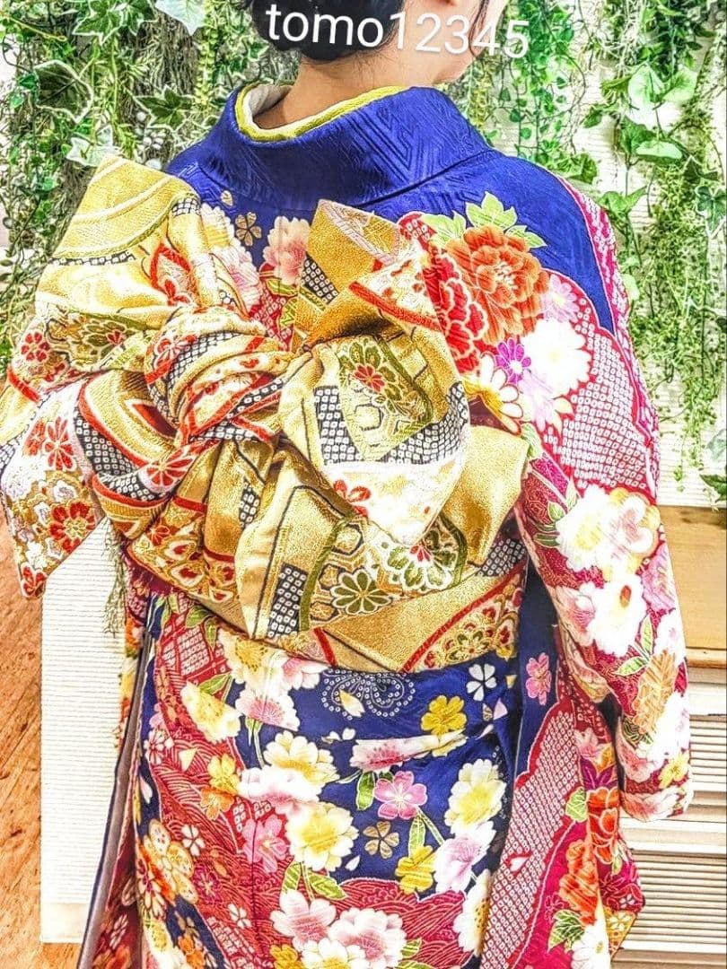 振袖フルセット　成人式前撮り卒業式　紺色桜菊牡丹鞠古典柄　振袖一式　正絹