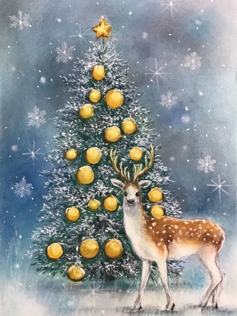 森のクリスマス　絵画アート原画　パステル画