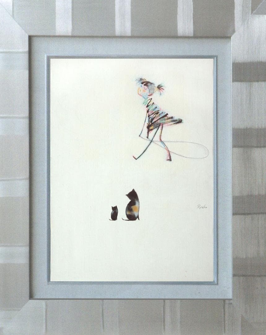 油絵 菅家令子 絵 絵画インテリア額付(銀) F4-030319 猫親子と女の子