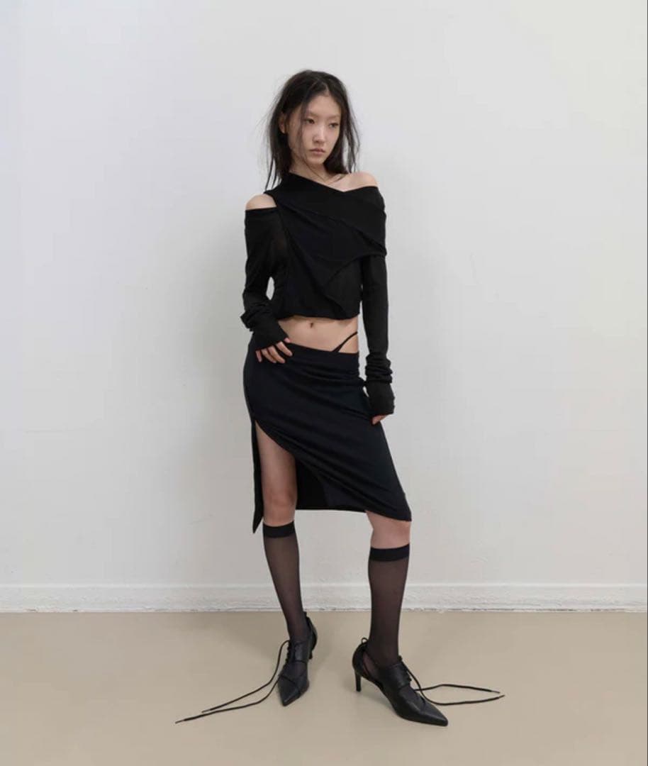 ojos ボタンスリットミディスカート/ブラック