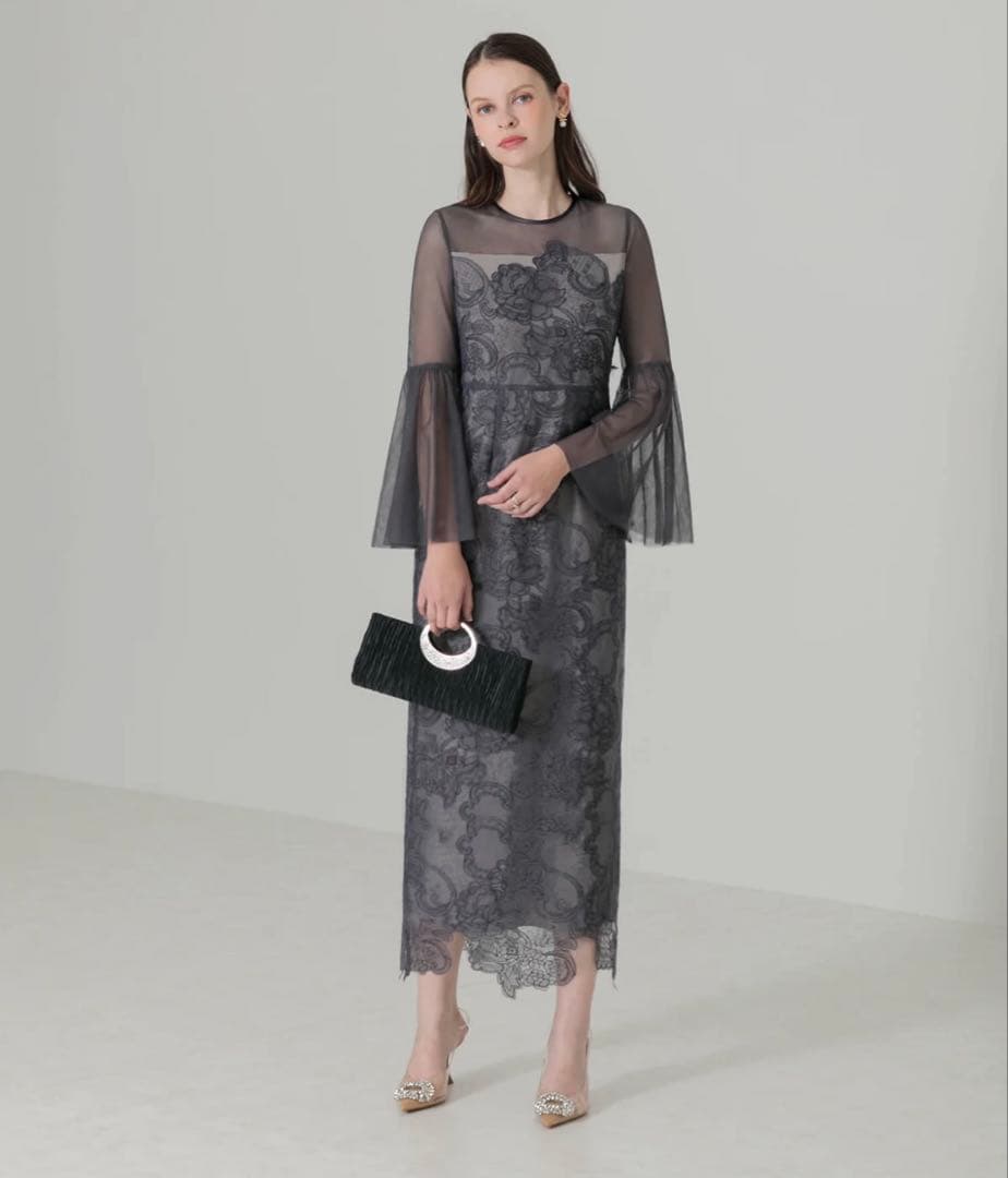 【試着のみ】Leja シアー刺繍レースプリーツIラインロングワンピースドレス