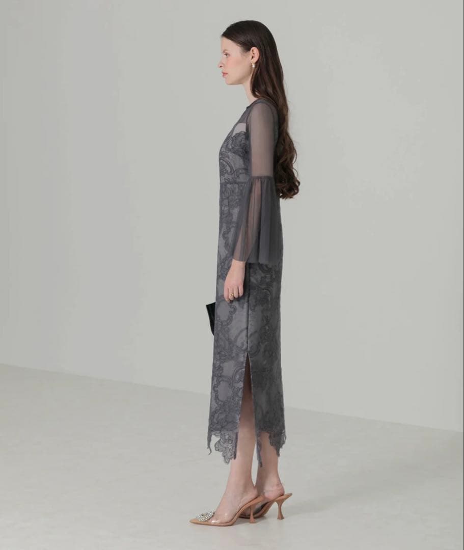 【試着のみ】Leja シアー刺繍レースプリーツIラインロングワンピースドレス