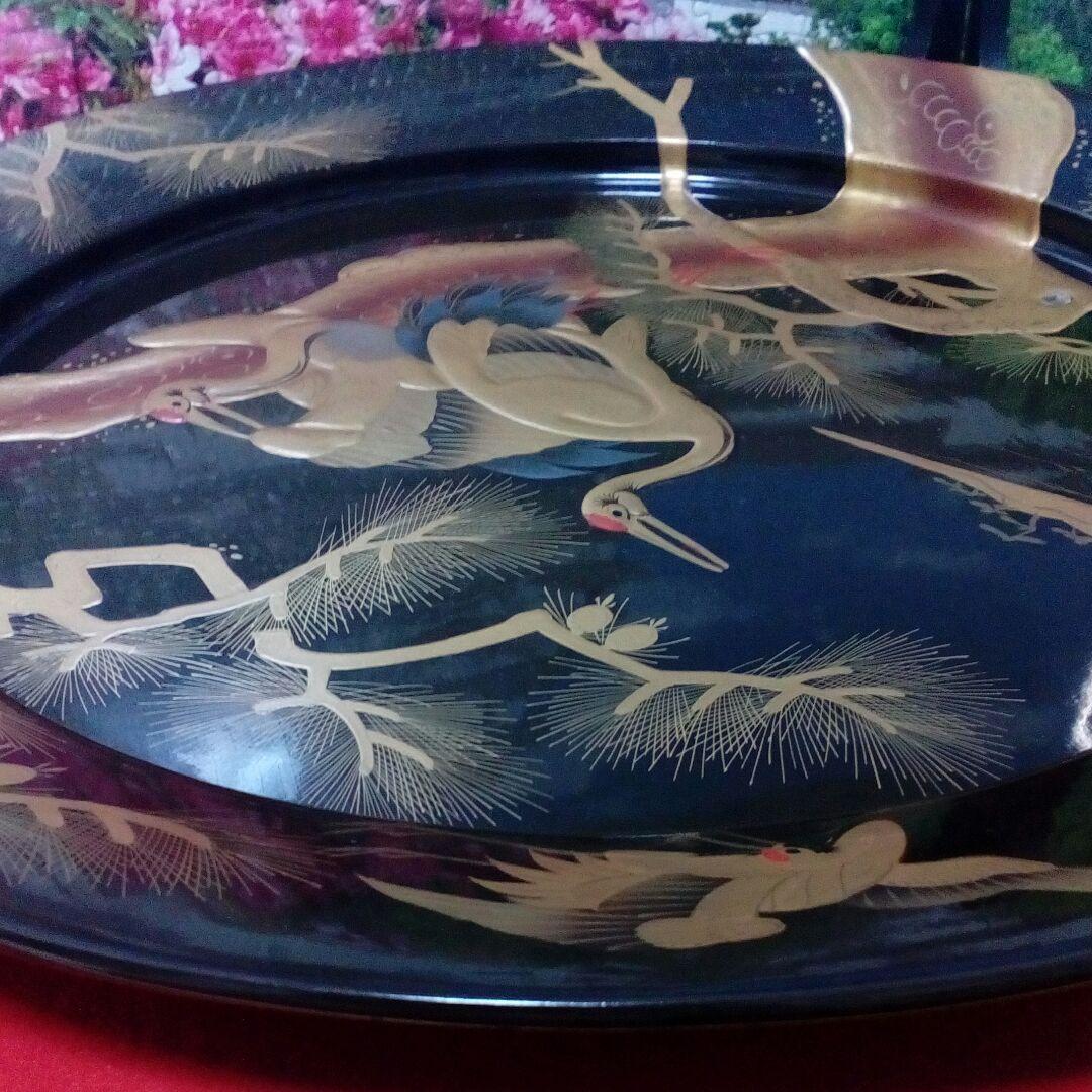 時代本金厚盛蒔絵黒漆塗４３センチサイズ時代木製蒔絵盆縁に傷跡部分有り当時物