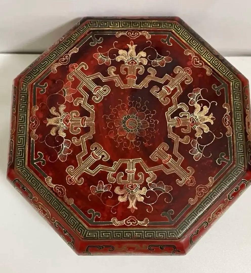 清时代 吉祥文漆絵 八角盒子 乾隆年 蓋付き アンティーク中国 骨董品