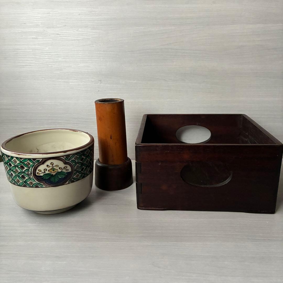 煙草盆　茶道具　九谷焼　陶器　角福　青手　灰入れ　竹灰吹　木箱　年代物　古道具