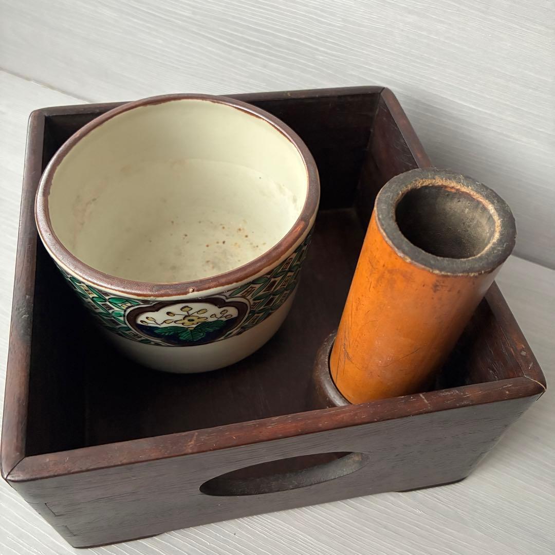 煙草盆　茶道具　九谷焼　陶器　角福　青手　灰入れ　竹灰吹　木箱　年代物　古道具