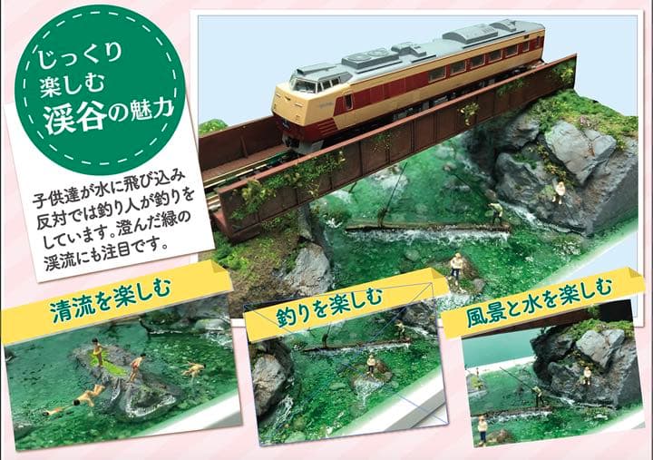 渓流の渓谷と釣り人と泳ぐ子ども達　ジオラマ