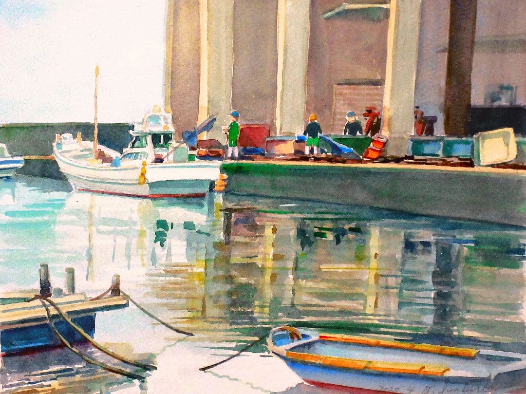 水彩画「漁港市場」