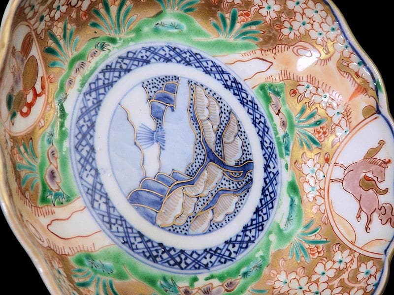 古伊万里　金襴手　桜花に春駒の図　膾皿　２客　F026AS-CVl