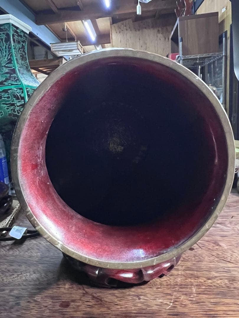 明治～大正期　安藤七宝製　銀線七宝　菊文銀線花瓶　細密植線　銀張赤透　台付き