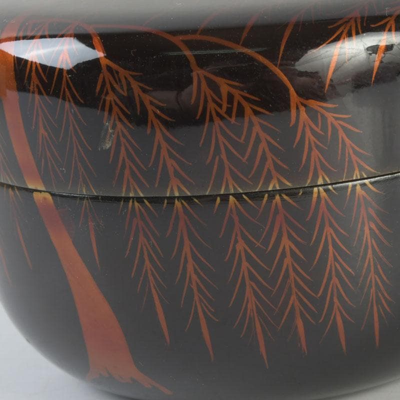 茶道具　越前塗師　中出松峰作　八雲塗　柳蒔絵　平棗　共箱　V　9643