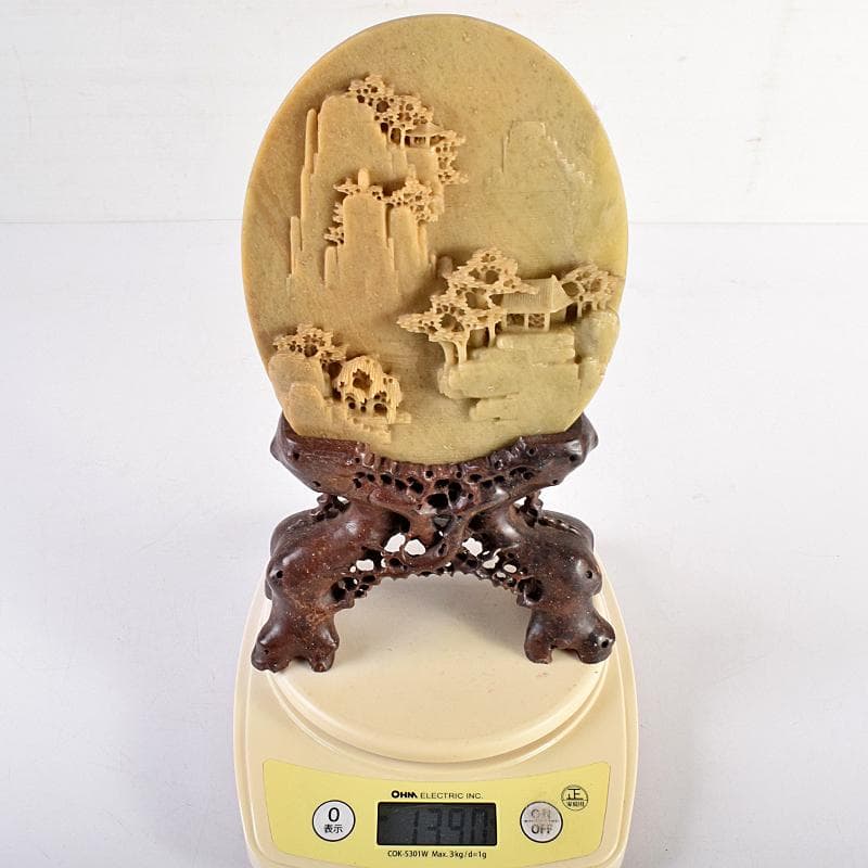 中国　玉石蝋石青田石彫刻　楼閣山水雕　硯屏　置物　V　R8517