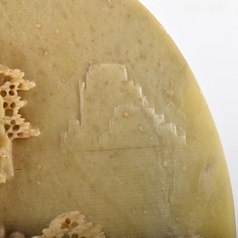 中国　玉石蝋石青田石彫刻　楼閣山水雕　硯屏　置物　V　R8517