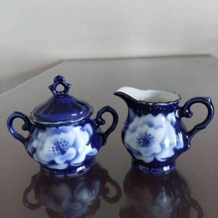 昭和レトロ⭐︎瑠璃色花模様のティーセット5点⭐︎新品未使用⭐︎手描きビンテージ