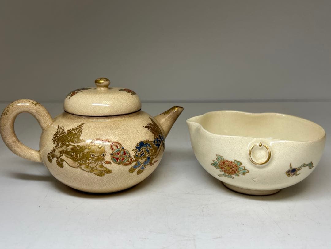 時代　薩摩焼　金彩獅子図煎茶器セット　共箱　東Y8-0113☆2Fタニサ