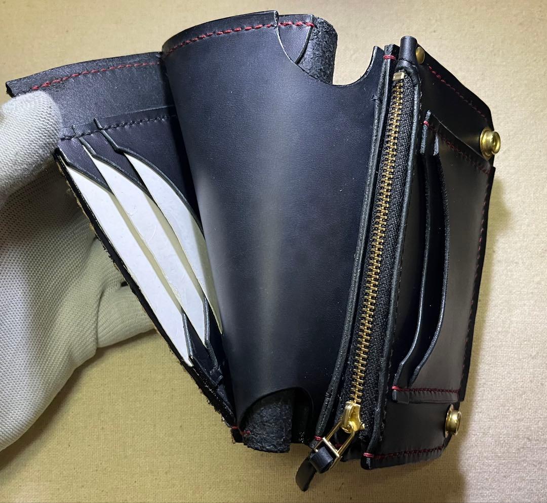 ミドル トラッカーウォレット ポケット部分本革ハラコ豹柄 3層 姫路レザー