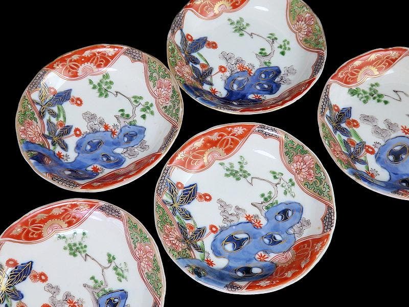 古伊万里　金襴手　岩に花の図　４寸皿　５枚　D467AS-CVt