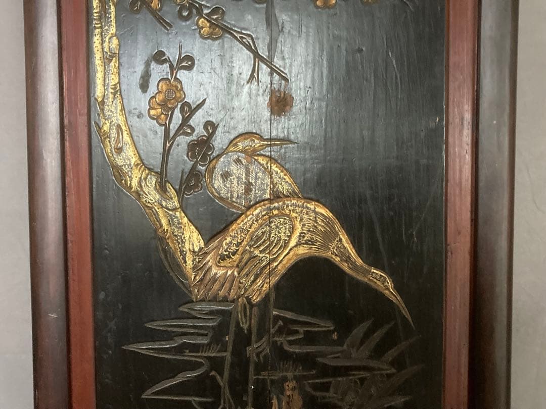 李朝 木彫 壁飾り 漆塗花鳥図金彩彫 民画 中国美術 朝鮮美術 時代物