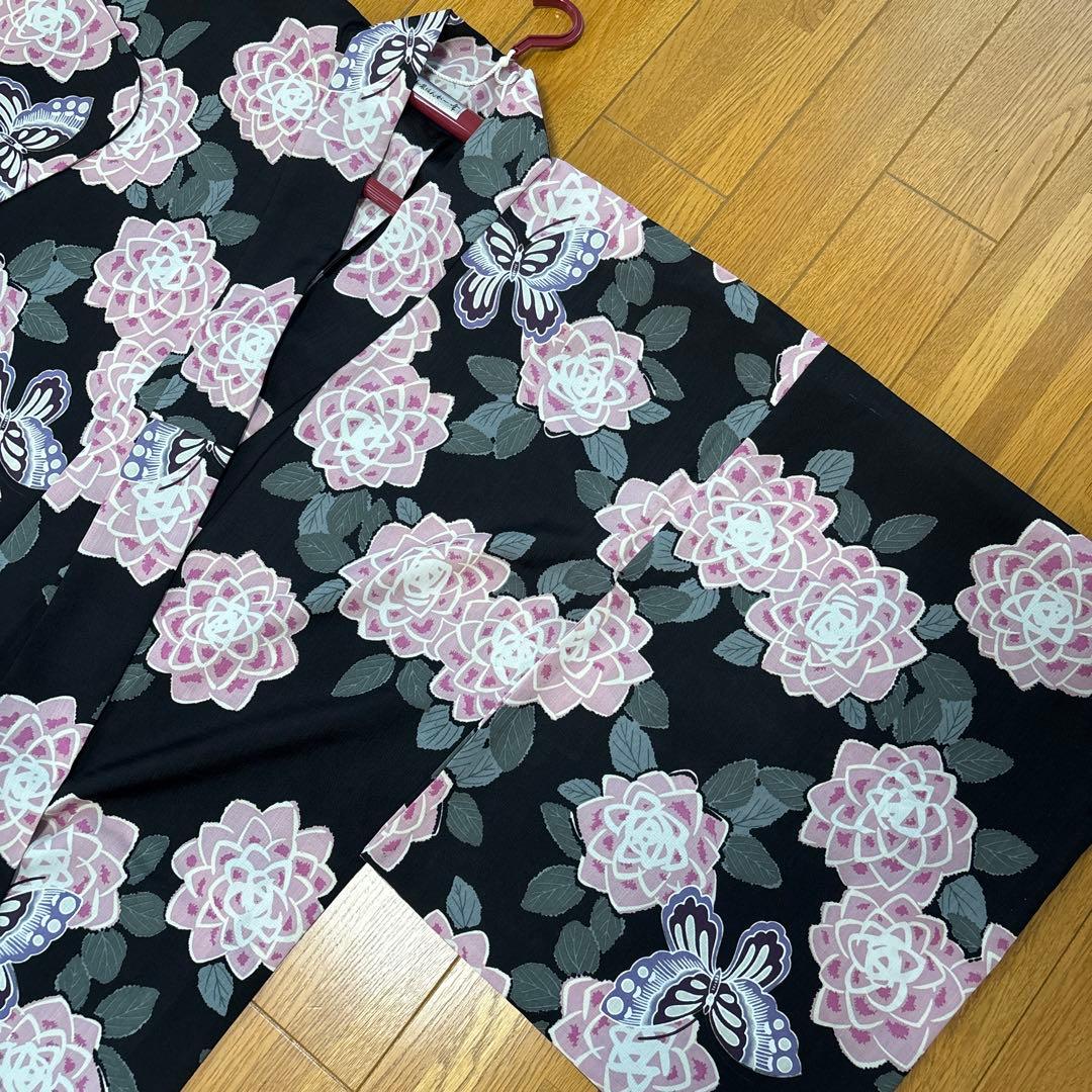 美品⭐︎浴衣　撫松庵　ぶしょうあん　黒地　花柄　蝶　ダリア　ピンク