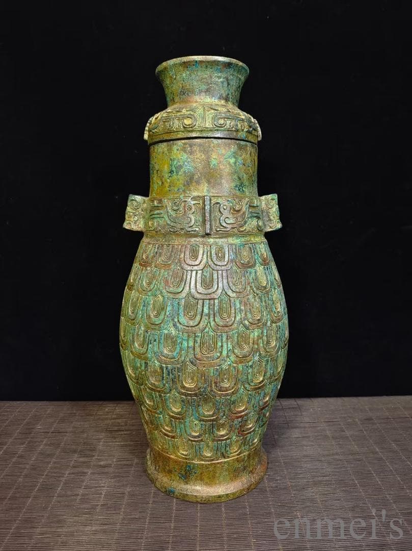 中国古美術 旧蔵 商周款 青銅製 銘文器皿《魚鱗文壺》純銅製 高浮彫 酒器 水壺