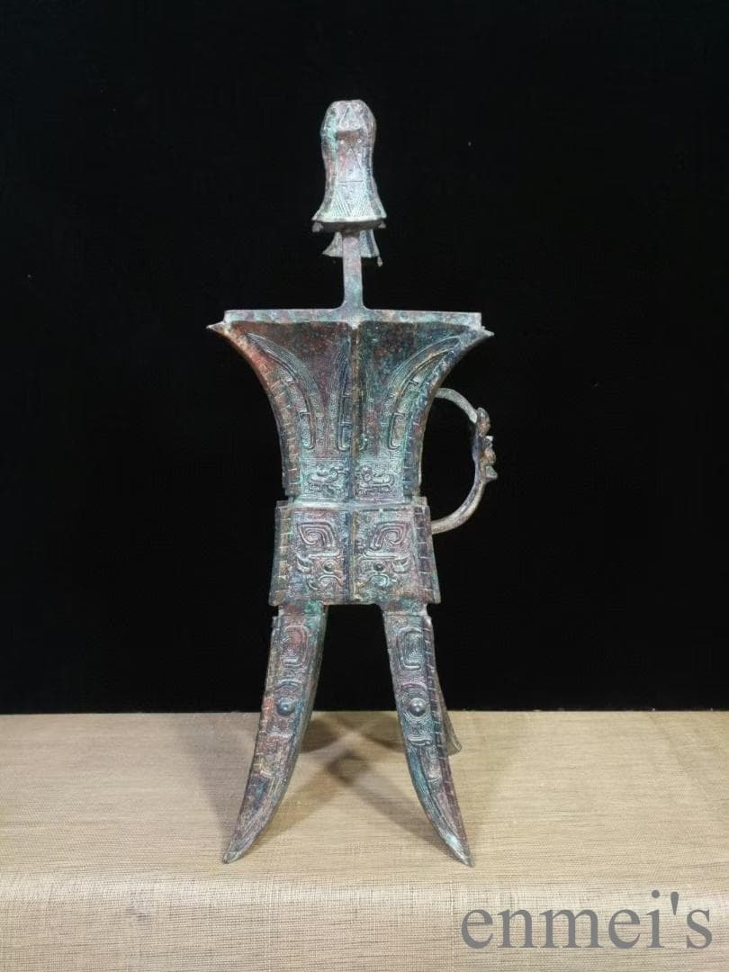 中国古美術 商代 青銅器 婦好方斝 温酒器 禮器 方形 四足 獣首鋬 青銅美術