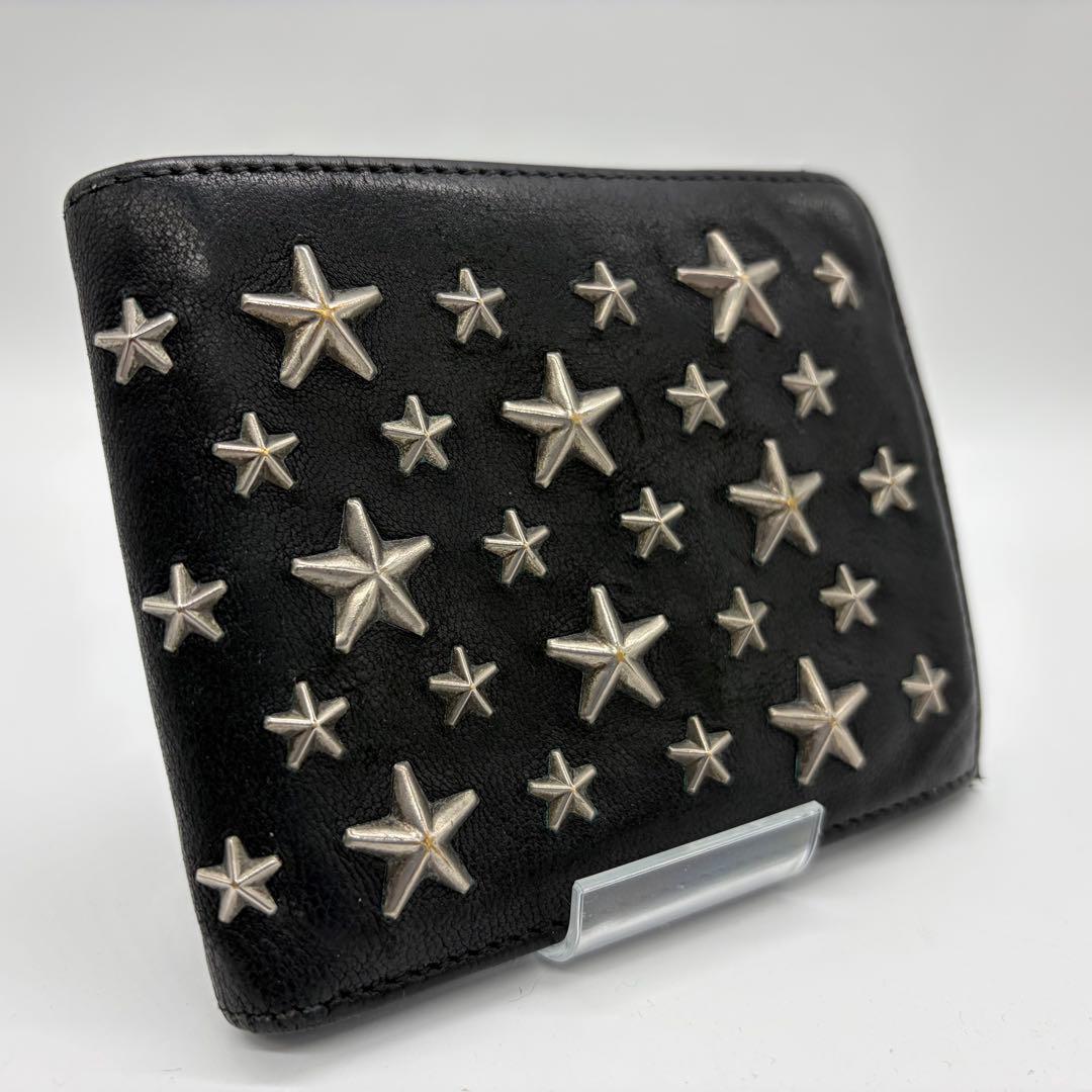 1572 ジミーチュウ　レザー　二つ折り財布　スタースタッズ　ウォレット　黒