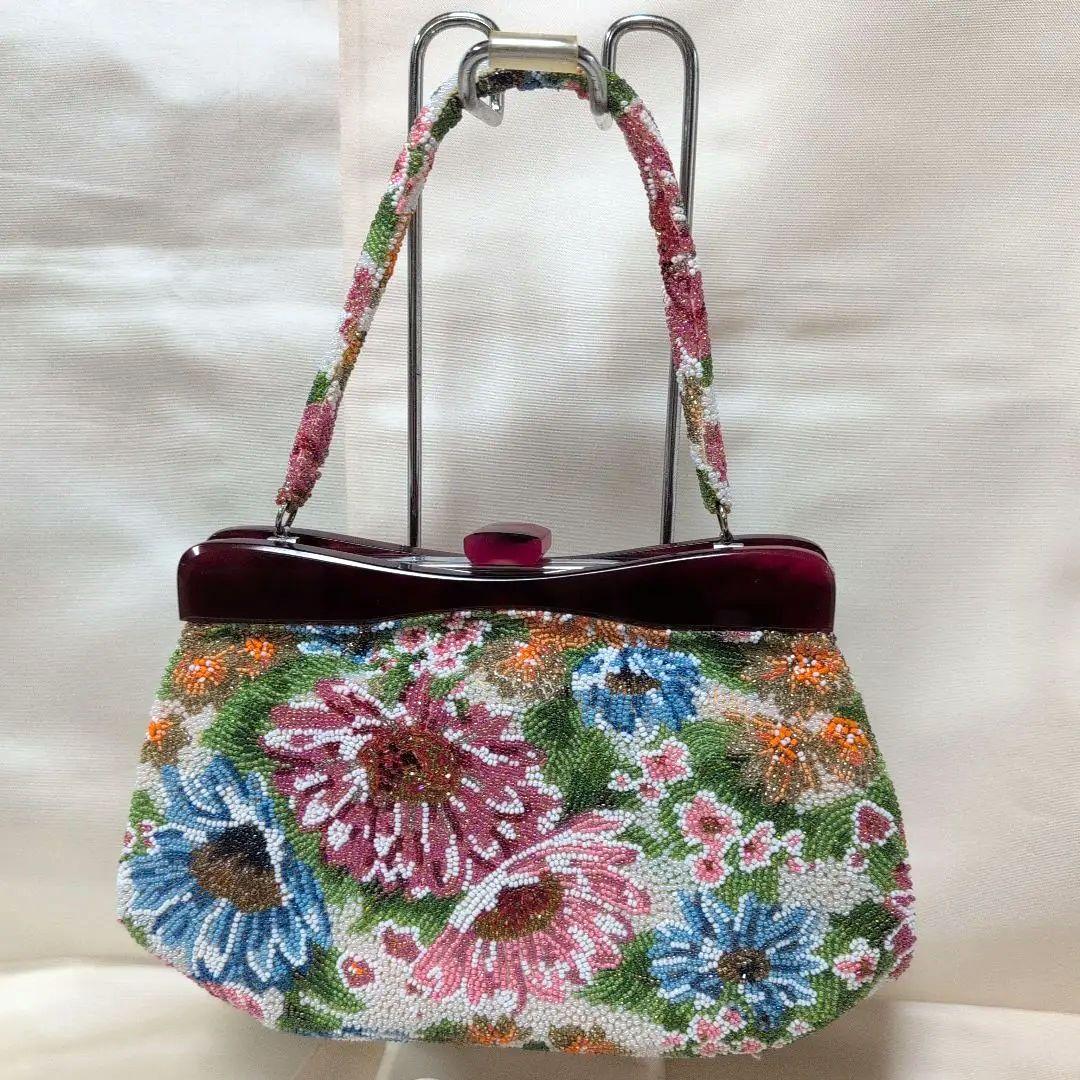 花柄ビーズ刺繍　ハンドバッグ　はしもと　和装バック　超美品　昭和レトロ