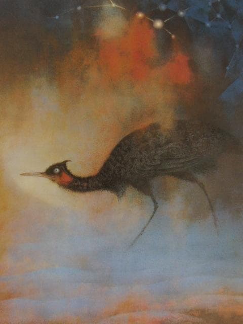 工藤甲人、【星をよむ鳥】、希少な額装用画集より、新品額装付、状態良好