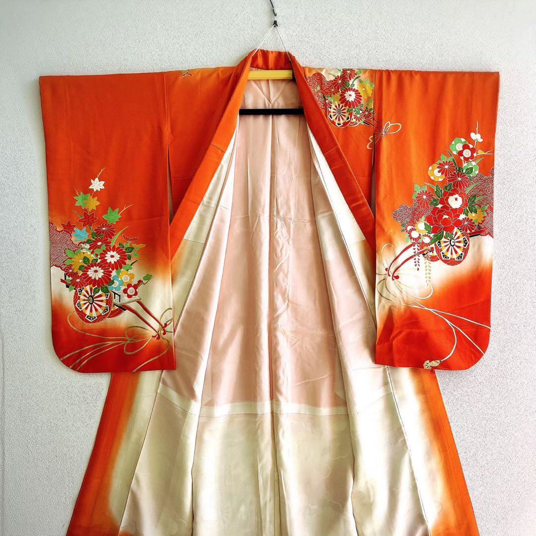 七五三　7歳　女の子　着物フルセット　小物セット　オレンジ　金糸　5231