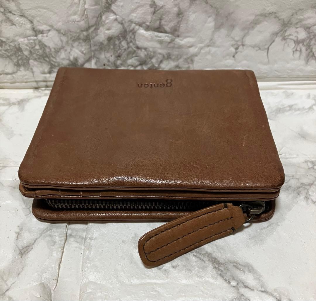 genten ブラウンレザー 二つ折り財布 牛革 未使用品