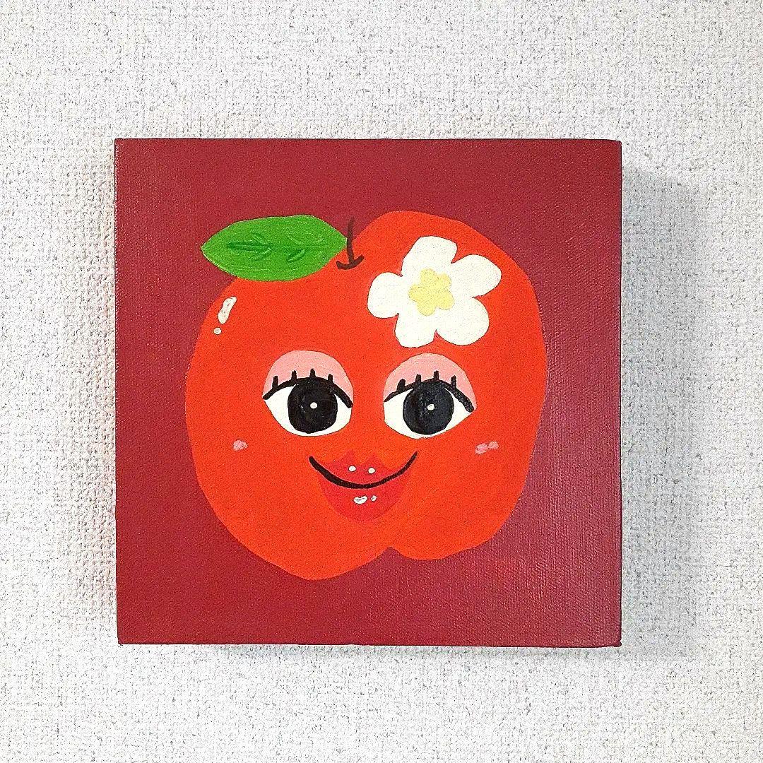 ハッピーあっぷるちゃん　油絵　画家　小楠アキコ作品　20×20cm　キャンバス