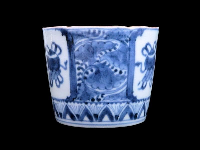 古伊万里　染付　窓絵　宝珠に宝巻の図　蕎麦猪口　D560AS-CYj