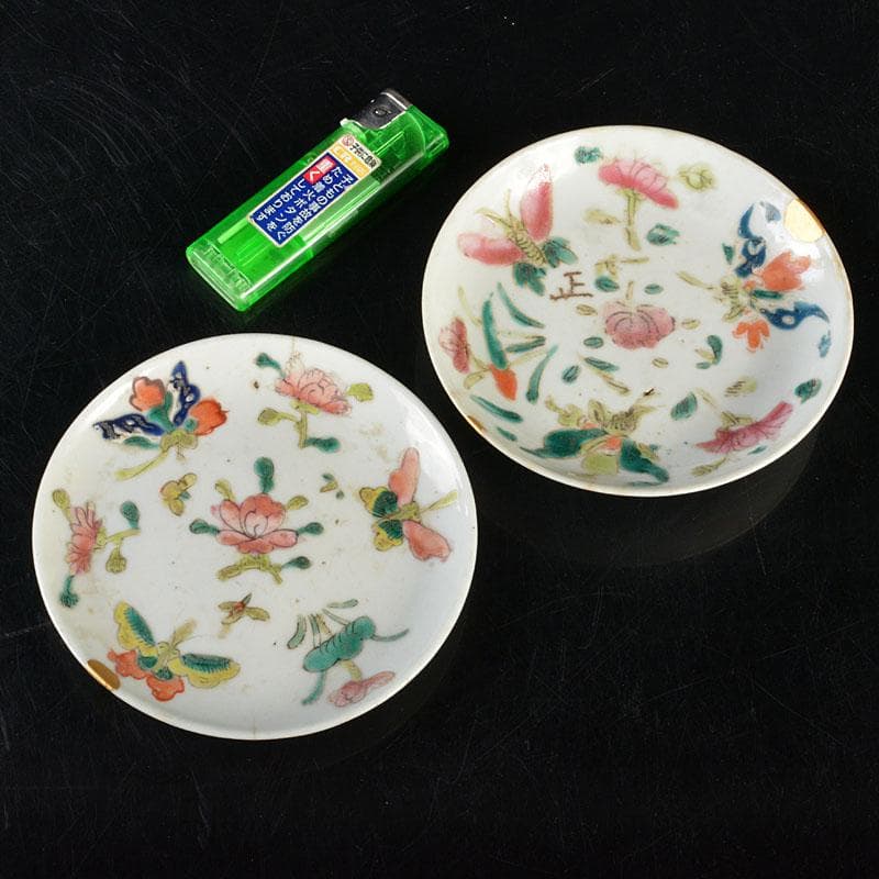 中国　民国　粉彩　花蝶文盤　小皿　二客　時代箱付　C　R6471