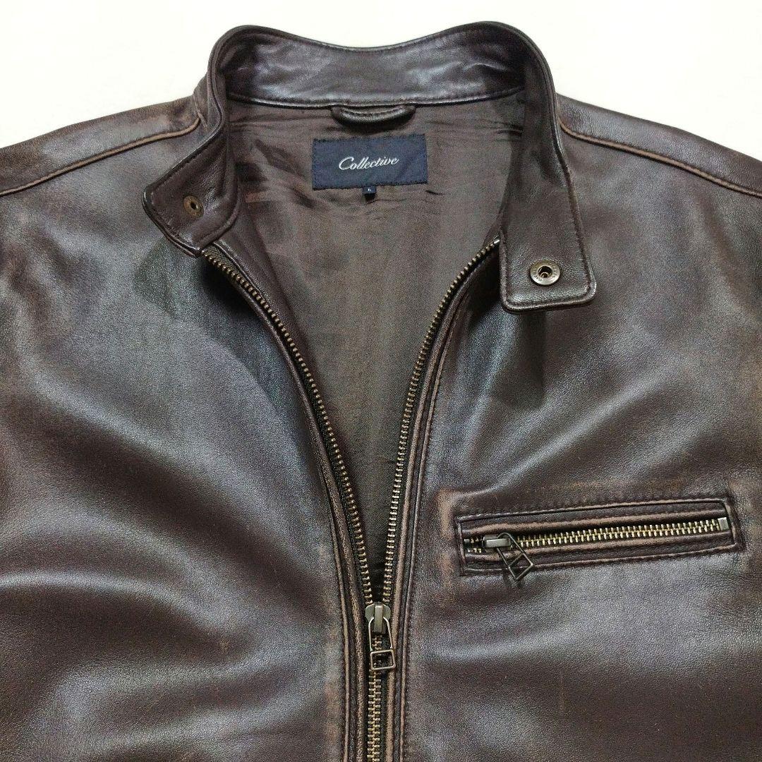 コレクティブ メンズビギ　シープスキンライダースジャケット　ユーズド加工　茶　L