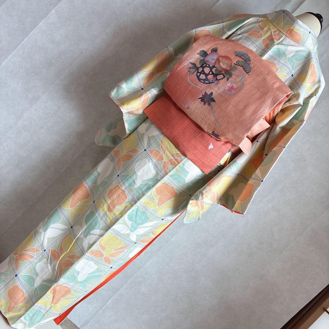小紋　フルセット　着物　正絹　パステルカラー　紬の帯　しつけ付き　普段着物　J6