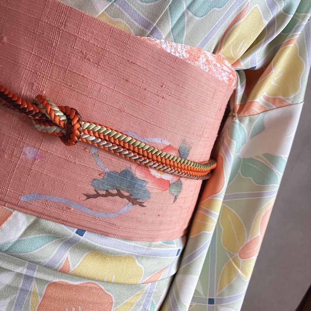 小紋　フルセット　着物　正絹　パステルカラー　紬の帯　しつけ付き　普段着物　J6