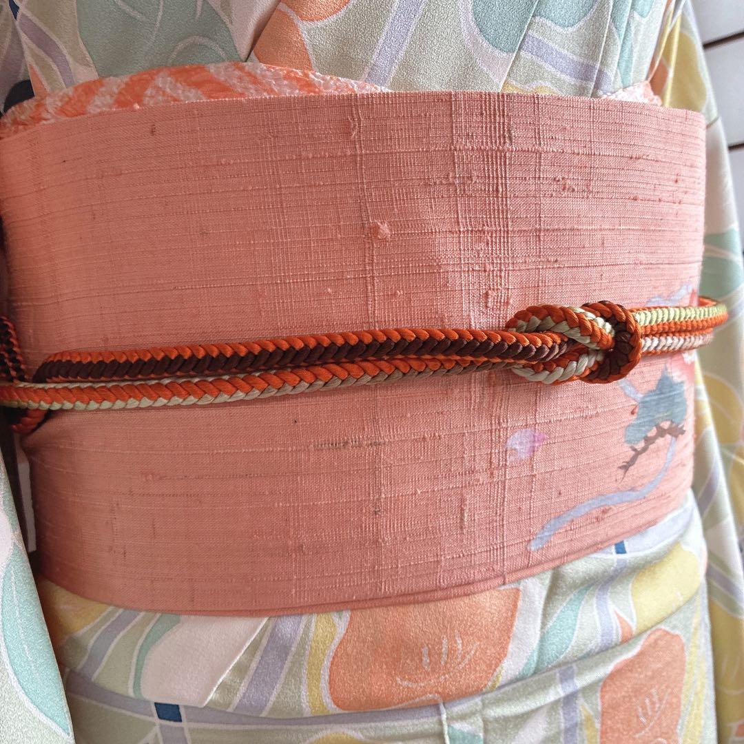 小紋　フルセット　着物　正絹　パステルカラー　紬の帯　しつけ付き　普段着物　J6