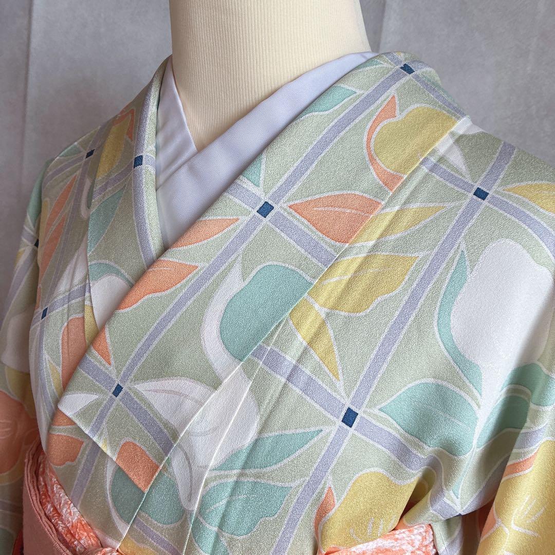 小紋　フルセット　着物　正絹　パステルカラー　紬の帯　しつけ付き　普段着物　J6