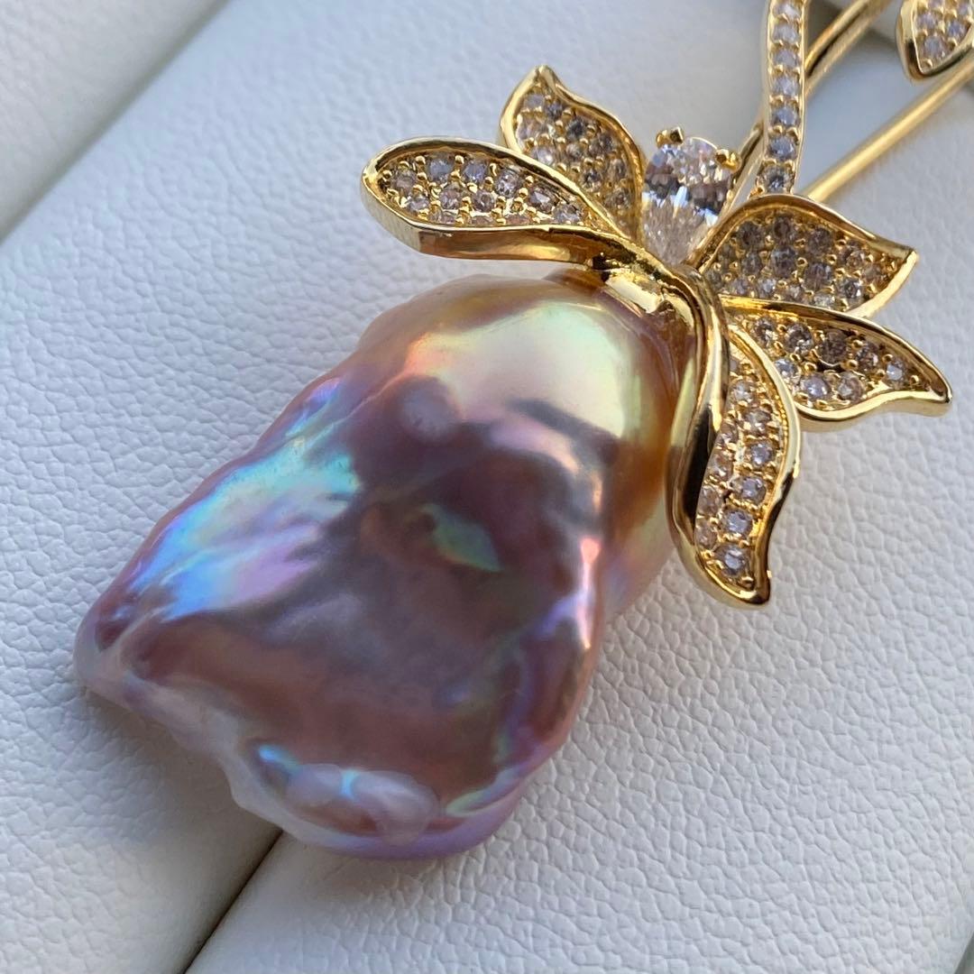 本真珠　淡水バロックパール両用ブローチ/ネックレストップ　紫ゴールドBL034