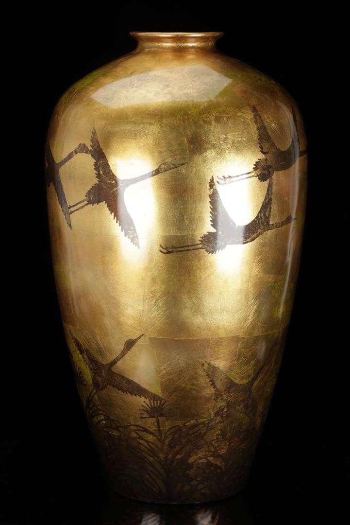大型 漆塗 金地花瓶 鶴図 秋草文様 高さ62cm 花器 飾壺 古美術品 骨董品