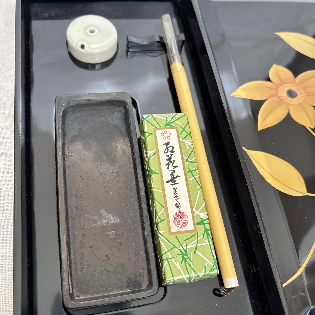 【美品】硯箱　螺鈿　漆塗り　鉄仙の花　五花墨　書道　工芸品