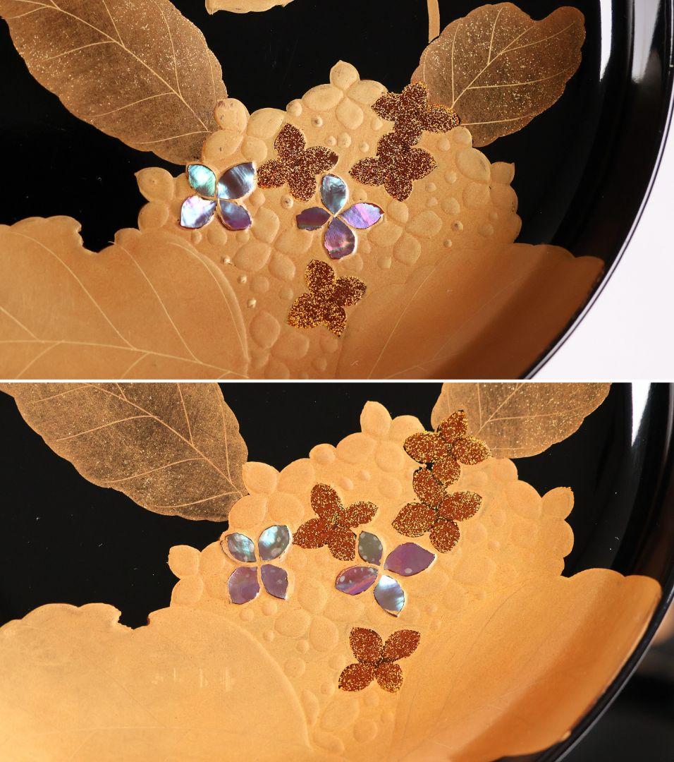 【MB190】天然木漆塗 紫陽花と葵 金蒔絵 螺鈿入 黒塗 煮物椀 五客 昭和期