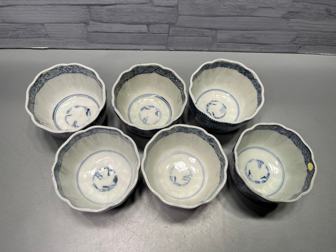 江戸後期　蛸唐草文　染付　輪花　そば猪口　向付　6客