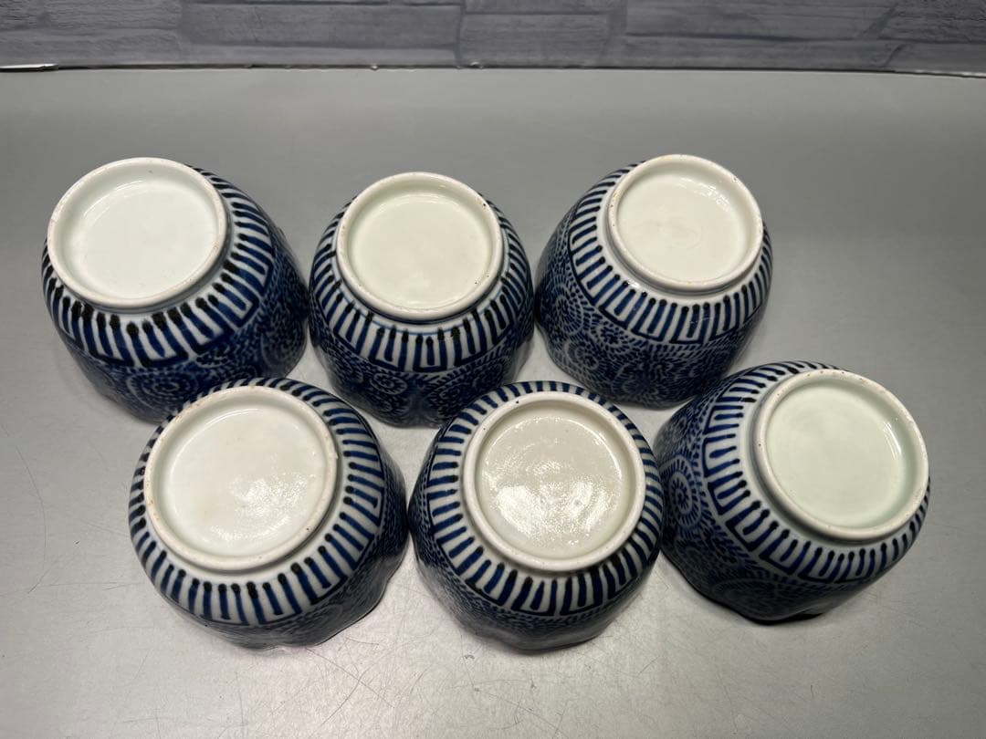 江戸後期　蛸唐草文　染付　輪花　そば猪口　向付　6客